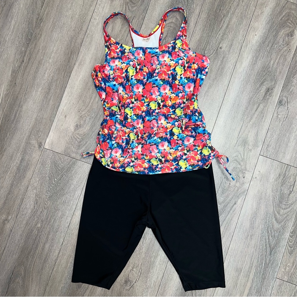 Ella Mar Swimsuit Floral Tankini Top Black Knee Length Swim Shorts Size Large